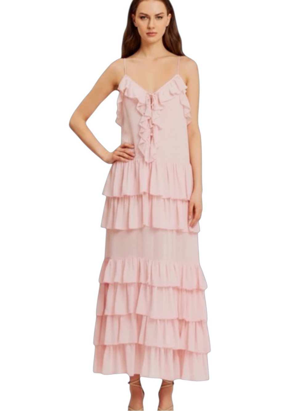 Torn by Ronny Kobo Orcadia Tiered Ruffle Romantic Maxi Dress Light Pink NWT